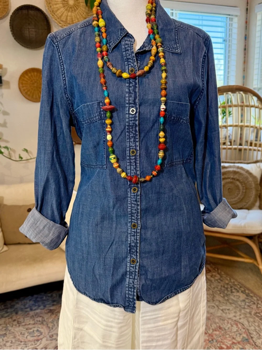 Eileen Fisher Blue Chambray Tencel Cotton Button-Up Blouse Shirt Top Women’s M - Picture 3 of 8